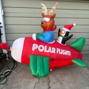 Gemmy Animated Polar Flights Airplane Christmas Inflatable Reindeer & Penguin